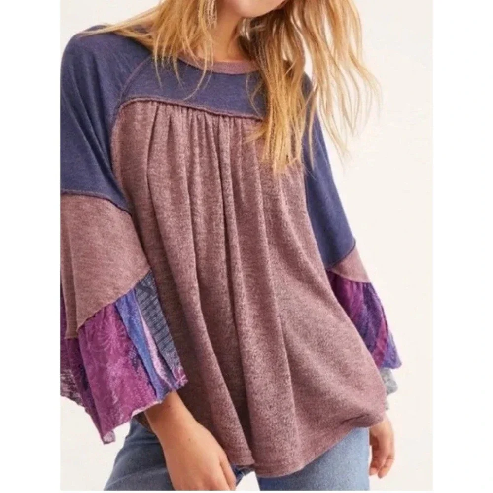 Free People We the Free Friday Fever Top Women XS Purple Blue Boho Patchwork New